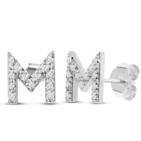 1/10 Carat Natural Diamond Letter M Initial Earrings In Solid Sterling Silver