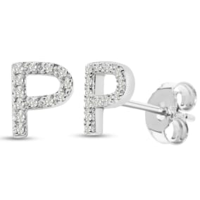 1/10 Carat Natural Diamond Letter P Initial Earrings In Solid Sterling Silver
