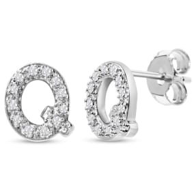 1/10 Carat Natural Diamond Letter Q Initial Earrings In Solid Sterling Silver
