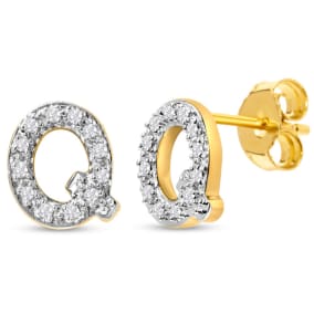 1/10 Carat Natural Diamond Letter Q Initial Earrings In 14K Yellow Gold Over Sterling Silver