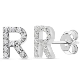 1/10 Carat Natural Diamond Letter R Initial Earrings In Solid Sterling Silver