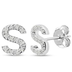 1/10 Carat Natural Diamond Letter S Initial Earrings In Solid Sterling Silver