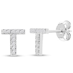 1/10 Carat Natural Diamond Letter T Initial Earrings In Solid Sterling Silver