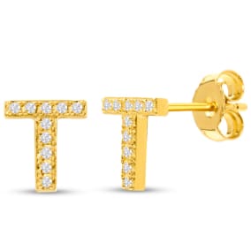 1/10 Carat Natural Diamond Letter T Initial Earrings In 14K Yellow Gold Over Sterling Silver