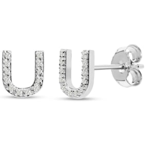 1/10 Carat Natural Diamond Letter U Initial Earrings In Solid Sterling Silver
