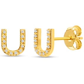 1/10 Carat Natural Diamond Letter U Initial Earrings In 14K Yellow Gold Over Sterling Silver