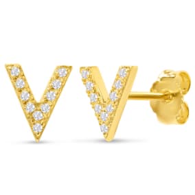 1/10 Carat Natural Diamond Letter V Initial Earrings In 14K Yellow Gold Over Sterling Silver