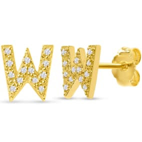 1/10 Carat Natural Diamond Letter W Initial Earrings In 14K Yellow Gold Over Sterling Silver