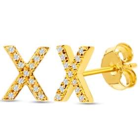 1/10 Carat Natural Diamond Letter X Initial Earrings In 14K Yellow Gold Over Sterling Silver