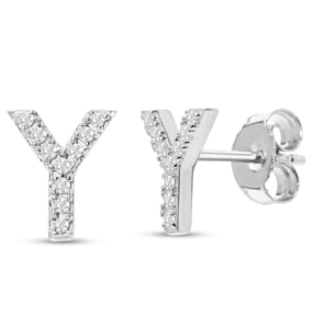 1/10 Carat Natural Diamond Letter Y Initial Earrings In Solid Sterling Silver