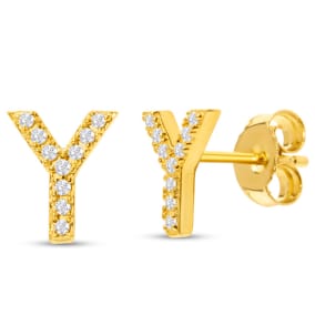 1/10 Carat Natural Diamond Letter Y Initial Earrings In 14K Yellow Gold Over Sterling Silver