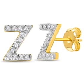 1/10 Carat Natural Diamond Letter Z Initial Earrings In 14K Yellow Gold Over Sterling Silver