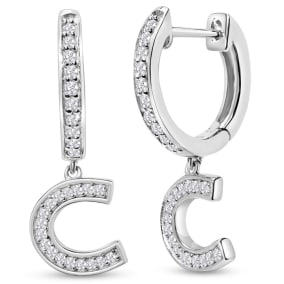 Sterling Silver Letter C Initial Earrings, Diamond Drop Earrings – Personalized Initial Jewelry