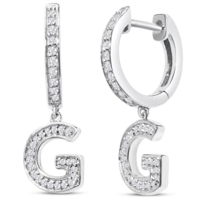 Sterling Silver Letter G Initial Earrings, Diamond Drop Earrings – Personalized Initial Jewelry