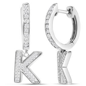 Sterling Silver Letter K Initial Earrings, Diamond Drop Earrings – Personalized Initial Jewelry