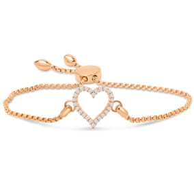 1/4 Carat Diamond Heart Bracelet In 14K Rose Gold Over Sterling Silver, Adjustable 6-9 Inches