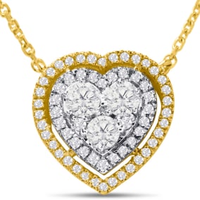 1 Carat Lab Grown Diamond Heart Double Halo Necklace In 14 Karat Yellow Gold, 18 Inches