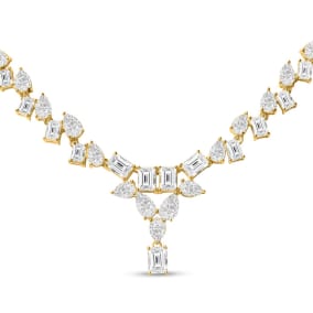 15 Carat Fancy Shape Lab Grown Diamond Tennis Necklace With Drop In 14K Yellow Gold, 16 Inches