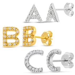 1/10 Carat Natural Diamond Initial Earrings In Solid Sterling Silver