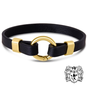 Bruno Magli Mens Black Leather Bracelet, Gold