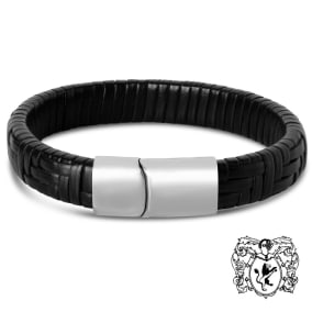 Bruno Magli Mens Classic Black Leather Bracelet, Silver