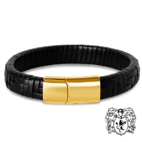 Bruno Magli Mens Classic Black Leather Bracelet, Gold