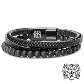Bruno Magli Mens Leather Bracelet With Lava Beads, Black