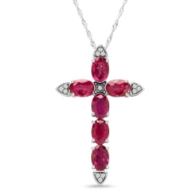 Estate Jewelry Diamond & Ruby Cross Necklace In 14 Karat White Gold, 18 Inches