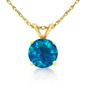 Nearly 1 Carat Round Shape Blue Diamond Solitaire Necklace in Yellow Gold