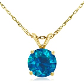 1 Carat Round Shape Blue Diamond Solitaire Necklace in Yellow Gold