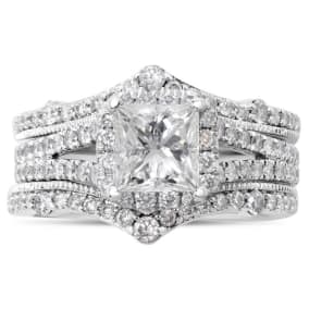 Estate Jewelry 2 Carat Princess And Round Natural Diamond Bridal Set In 14 White Gold, Size 6