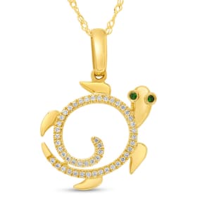 Estate Jewelry 1/10 Carat Diamond and Tsavorite Garnet Turtle Necklace In 14K Yellow Gold, 18 Inches