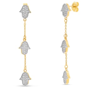 Estate Jewelry 1/2 Carat Diamond Hamsa Drop Earrings In 14K Yellow Gold, 1 3/4 Inches