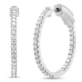 Estate Jewelry 1 Carat Diamond Hoop Earrings In 14K White Gold, 1 Inch