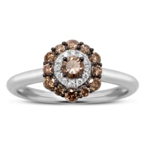 Estate Jewelry 1/2 Carat Chocolate Bar Colored Champagne Diamond Halo Ring In 14K White Gold, Size 6.5
