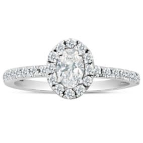Estate Jewelry 3/4 Carat Oval Shape Halo Lab Grown Diamond Engagement Ring In 14K White Gold, Size 6