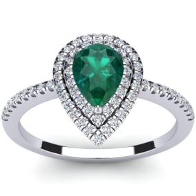 Estate Jewelry 1 Carat Pear Shape Created Emerald and Double Halo Diamond Ring In Sterling Silver, Size 5.5
