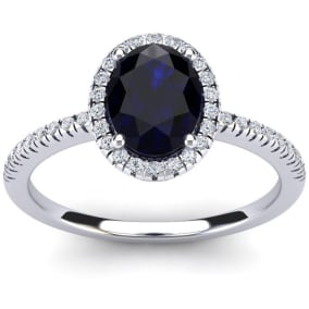 Estate Jewelry 1-1/2 Carat Oval Shape Created Sapphire and Halo Diamond Ring In Sterling Silver, Size 5