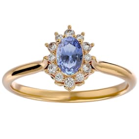 Estate Jewelry 2/3 Carat Oval Shape Tanzanite and Halo Diamond Ring In 14 Karat Yellow Gold, Size 5.5