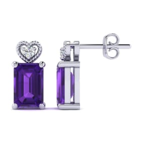 1ct Octagon Shape Amethyst and Diamond Earrings in 10k White Gold