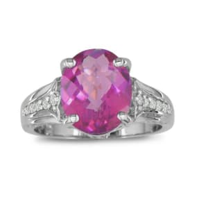 4 Carat Pink Topaz and Diamond Ring in 10k White Gold