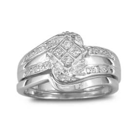 Estate Jewelry Big Look Diamond Bridal Wedding Set with Band in Sterling Silver