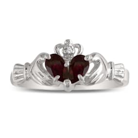 Garnet Ring: Garnet Jewelry: Garnet Claddagh Ring in 10k White Gold