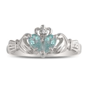 Aquamarine Ring: Aquamarine Jewelry: Aquamarine Claddagh Ring in 10k White Gold
