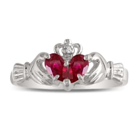 Ruby Claddagh Ring in 10k White Gold
