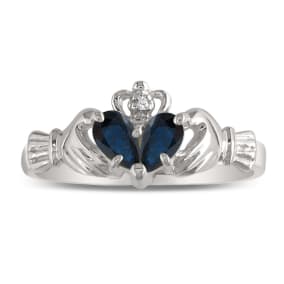 Sapphire Claddagh Ring in 10k White Gold