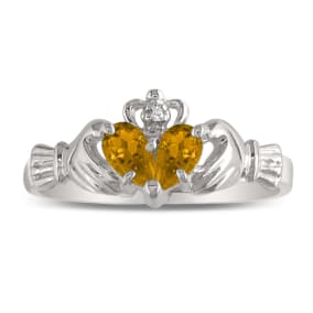 Citrine Claddaugh Ring in 10k White Gold