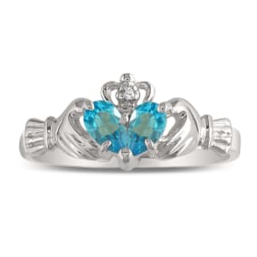 Blue Topaz  Claddagh Ring in 10k White Gold