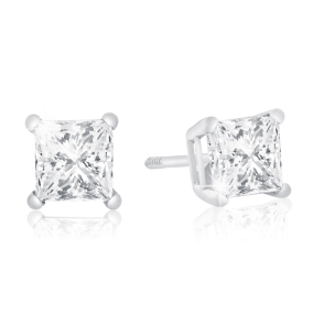 1ct Princess Natural Diamond Stud Earrings In 14k White Gold