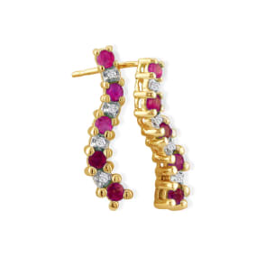 Ruby Gemstone Jewelry: 1/2ct Ruby and Diamond Journey Earrings in 10k Yellow Gold